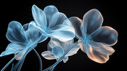 Glowing translucent blue flowers with golden centers against a dark background