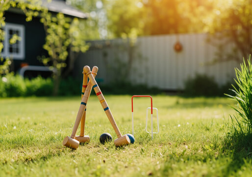 Croquet equipment lies on a lush green lawn, ready for a friendly game in the backyard