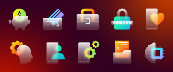 3D glass icons. Business technology elements for digital app design. UI mobile morphism. Blur smartphone web display. Artificial intelligence chip. Vector phone interface symbols set