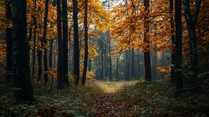 Obraz premium Golden autumn trees standing tall in a natural forest setting