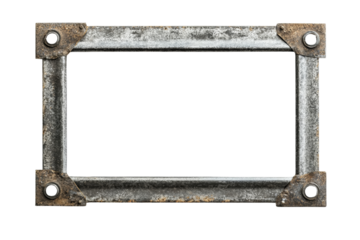 Rustic metal frame with a weathered finish. A weathered industrial metal frame with rusted details and bolt holes, perfect for steampunk, mechanical, or grunge-themed designs.