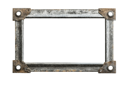 Rustic metal frame with a weathered finish. A weathered industrial metal frame with rusted details and bolt holes, perfect for steampunk, mechanical, or grunge-themed designs.