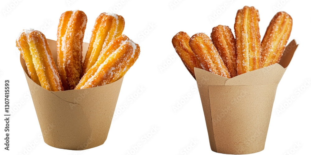 Poster Generative Ai has created an image of crispy churros smothered in sugar, set against a transparent background