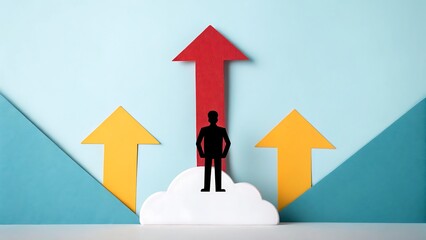 a silhouette of a person standing on a cloud, with red and yellow arrows pointing upwards, representing growth, success, and progress