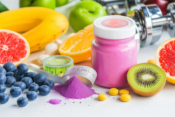 Athletic performance supplements in measuring scoops with fresh fruits, negative space in center, gym equipment in soft focus background