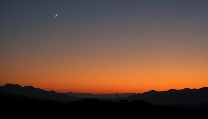 Fototapeta premium Serene Twilight Paints The Mountain Silhouettes With Fiery Hues, A Crescent Moon And Star Watching Silently In The Tranquil Dusk Sky