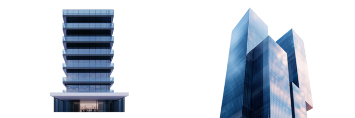 An isolated business skyscraper on a white background is used to represent a business center, such as a stock exchange or financial hub