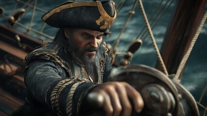 The pirate captain stood at the helm of his ship, a weathered map in one hand and a gleaming cutlass in the other, his eyes scanning the horizon for treasure and adventure.