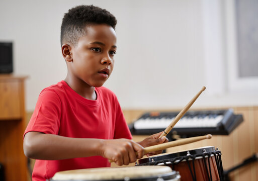 Concentrated black boy practicing playing bongo drums during music lesson in school