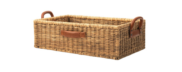 Obraz premium A rectangular handwoven wicker storage basket featuring sturdy leather handles, perfect for organizing household items while adding a rustic and elegant touch.