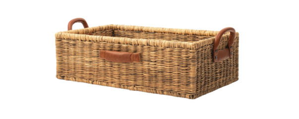 A rectangular handwoven wicker storage basket featuring sturdy leather handles, perfect for organizing household items while adding a rustic and elegant touch.