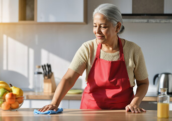 Smiling senior woman wearing red apron cleaning kitchen table with blue cloth and disinfectant spray