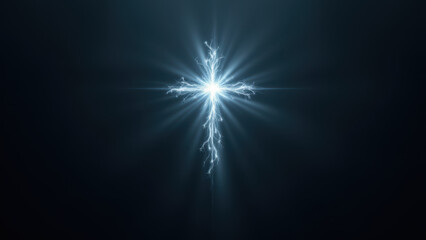 Fototapeta premium A fiery cross with a divine glow emerging from below against a dark background.