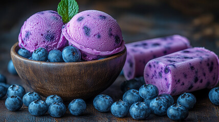 Obraz premium Blueberry ice cream. Blueberry popsicle.