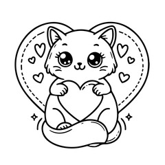 Cute Cat with heart Cartoon Vector coloring book. Funny feline characters for Valentine's Day and Love coloring page. Outline doodle animals collection in cartoon style. Vector illustration.