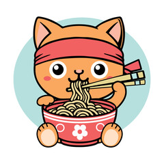 Cute Red Cat Eating Ramen cartoon vector illustration. Food Logo Concept Isolated Vector. Flat cartoon icon vector. 