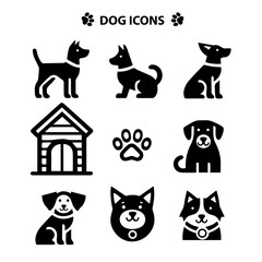 Dog Icons Vector Set. Dog head, paw, dog house. Logo mascot.