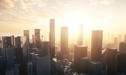 City skyline at sunrise with modern skyscrapers and dramatic lighting.