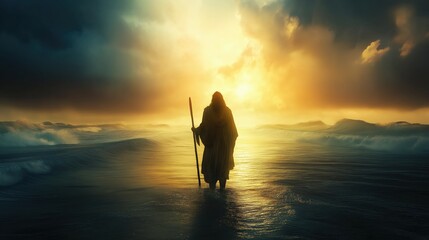 Moses in a flowing robe holding a staff, walking through the ocean waves during sunset. Concept of spirituality and nature.