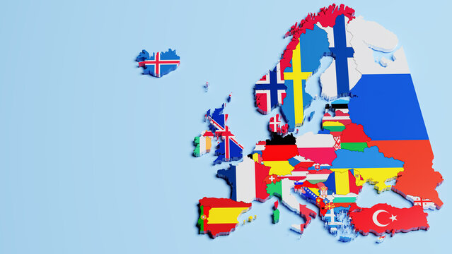 Europe and all its countries colored according to the respective flags on blue background.