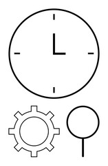 Minimalist clock, gear, and magnifying glass symbolizing time, operations, and exploration. Ideal for productivity, efficiency, workflow innovation discovery focus research. Flat simple metaphor