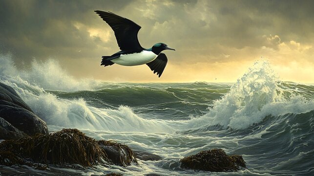 Majestic Guillimot Soaring Above Crashing Waves
