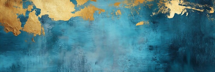 Abstract blue and gold background, turquoise paint, and gold brush strokes on concrete wall. Ideal for product presentation, poster, greeting card, or copy space concept.