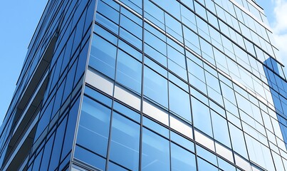 Modern glass building reflecting the sky, showcasing sleek architectural design and urban aesthetics.