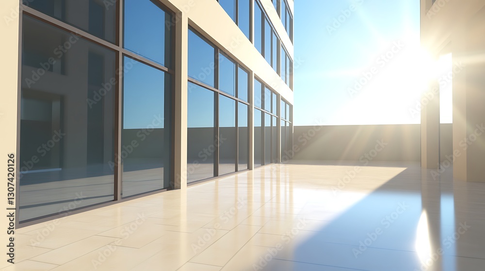 Poster bright, modern interior space with large windows and sunlight streaming in.