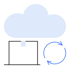 Cloud above a box and blue circular arrows illustrating cloud storage, data flow, and synchronization. Ideal for technology, backup, data sharing, networking, cloud computing, innovation flat simple