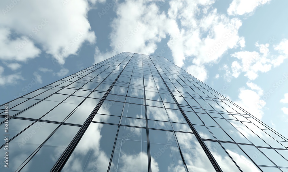 Poster glass skyscraper reaching towards a cloudy sky, showcasing modern architecture and reflections.