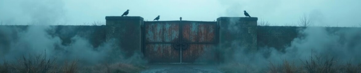 Fog swirling around a rusty metal gate with crows pecking at it, gates, eerie, fog