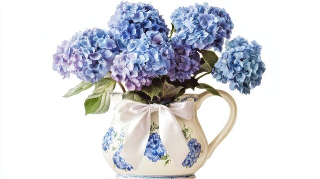 Blue hydrangeas in a ceramic pitcher.