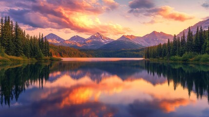 Vibrant Sunset Colors Reflecting Mountain Range