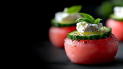 Fresh watermelon rounds topped with cucumber slices, feta cheese crumbles, and basil leaves on dark background, elegant summer appetizer garnished with pepper.