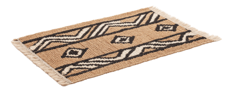 Decorative woven rug with geometric patterns. A handwoven jute rug featuring a tribal-inspired geometric pattern in natural beige, black, and white tones, with fringed edges for a rustic touch.