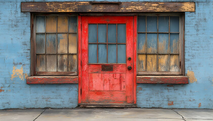 Obraz premium Red Door on a Weathered Blue Building