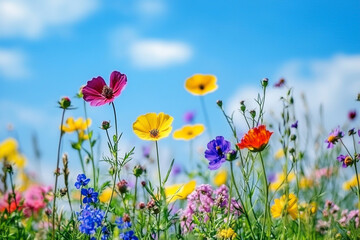 Obraz premium Colorful wildflowers in the field with a blue sky background, a colorful flower bed with copy space. A flower garden. A floral springtime scene.
