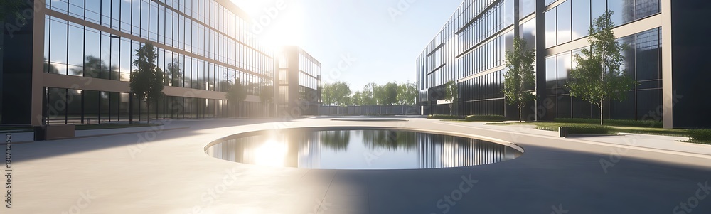 Aufkleber modern architecture featuring a sunlit courtyard with a reflective pond and greenery.