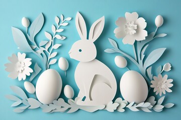 A paper - crafted Easter scene with a white bunny surrounded by white eggs, paper flowers and leaves on a light blue background, showing a simple and elegant Easter theme.