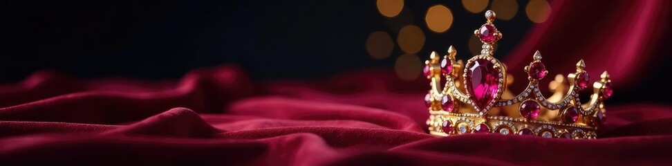 Obraz premium Dark velvet with sparkling ruby encrusted gold crown, royalty, luxurious, velvet