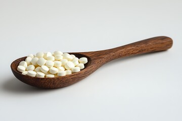 Pills in spoon on white table background