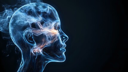 Glowing blue anatomical profile showing neural connections and brain activity against dark background, highlighting human consciousness and mental processes.