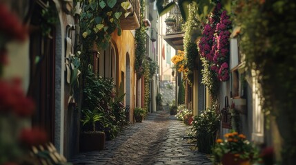 Charming Italian alleyway, vibrant flowers, lush greenery,  sunlit path, perfect for travel brochures