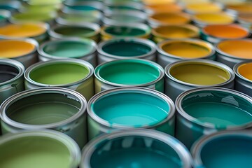 Fototapeta premium Open paint cans showing vibrant green, turquoise, and yellow colors arranged in rows, creating depth of field effect with selective focus for interior design projects.