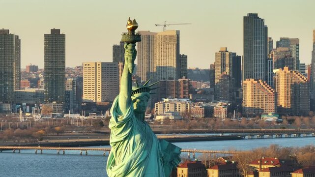 Aerial view of the statue of Liberty at sunset