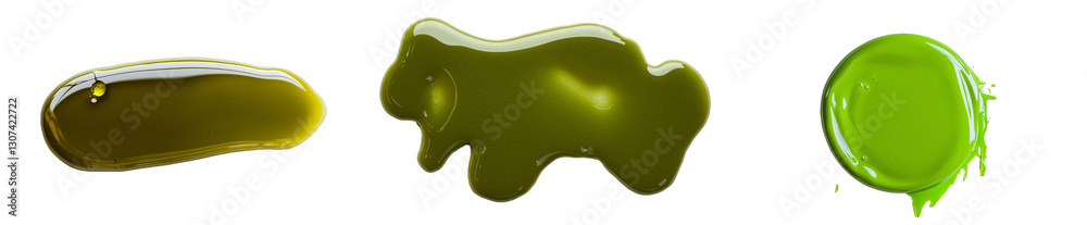 Poster kiwi juice forms an isolated puddle on a white background, photographed from the top and incorporati