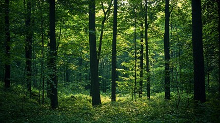 Obraz premium A green forest bathed in sunlight through the trees