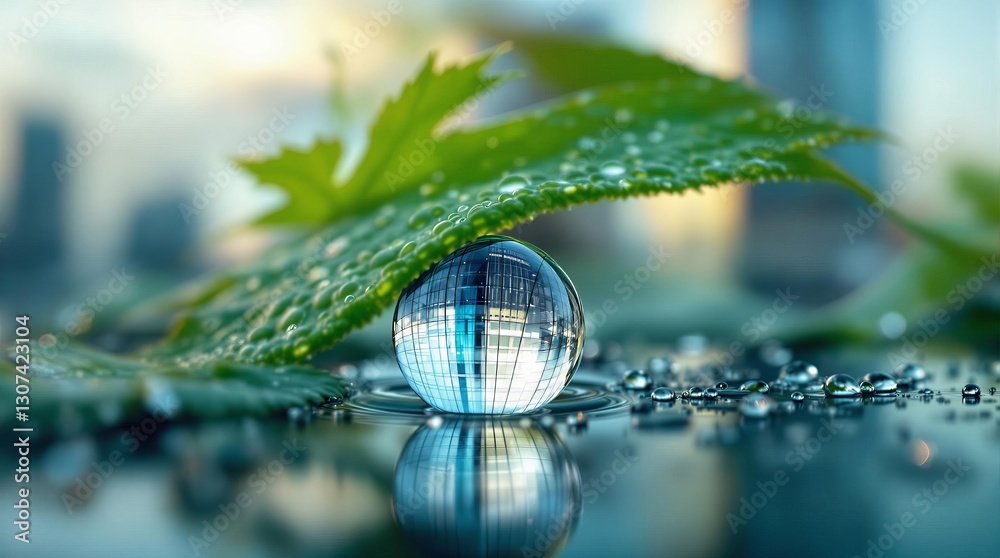 Poster A close-up image of a water droplet resting on a green leaf surrounded by droplets on a reflective surface.