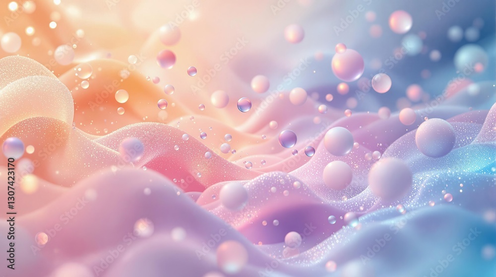 Poster An abstract composition featuring soft waves and floating spheres in pastel colors.
